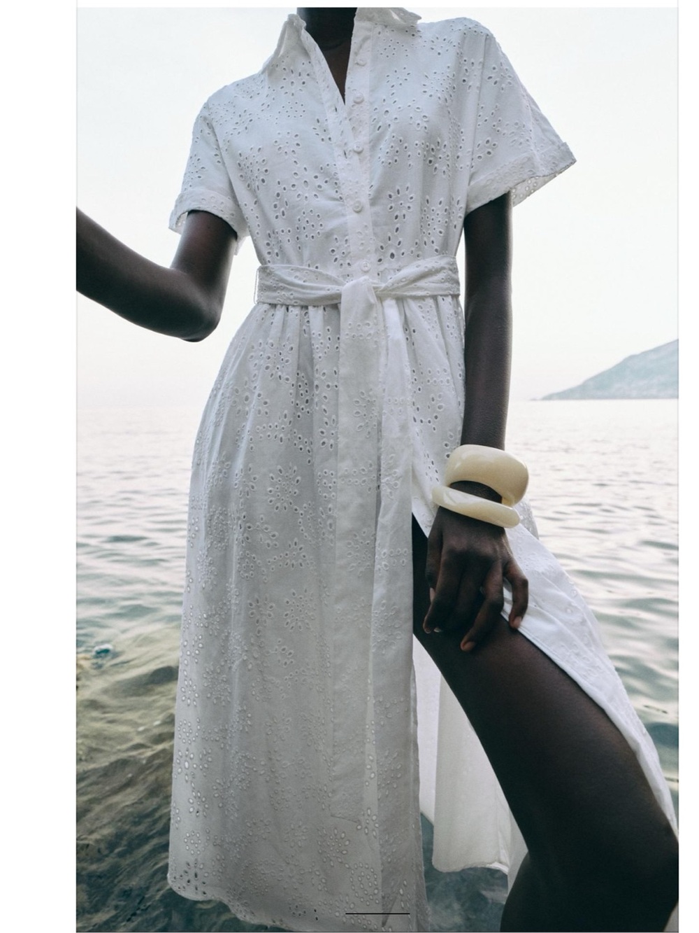 Zara White Eyelet Maxi Shirt Dress with Tie Waist FIRM PRICE